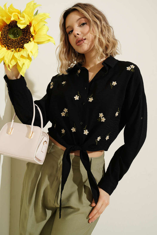 Black Crop Shirt with Floral Embroidery and Tie Detail