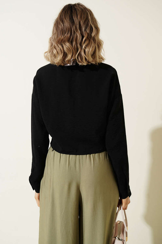 Black Crop Shirt with Floral Embroidery and Tie Detail