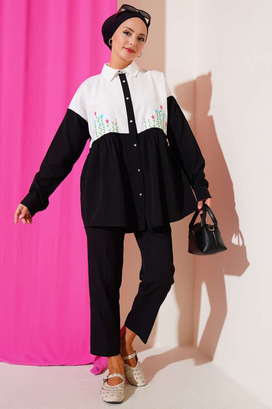 Çiçek Nakışlı Büzgülü Gömlek Siyah