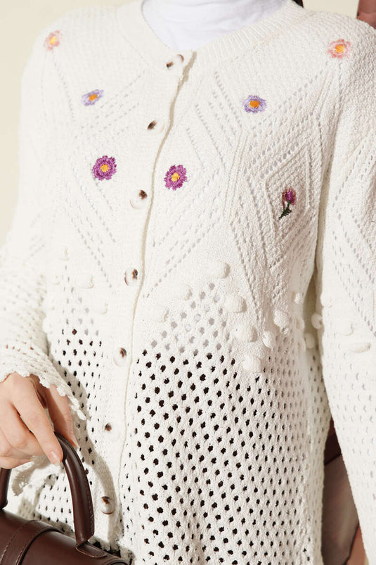 Cardigan court en tricot ajouré avec broderie florale blanc