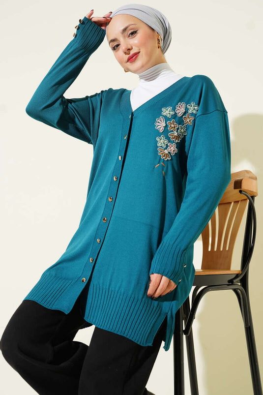 Flower Embroidered Buttoned Mercerized Cardigan in Petrol