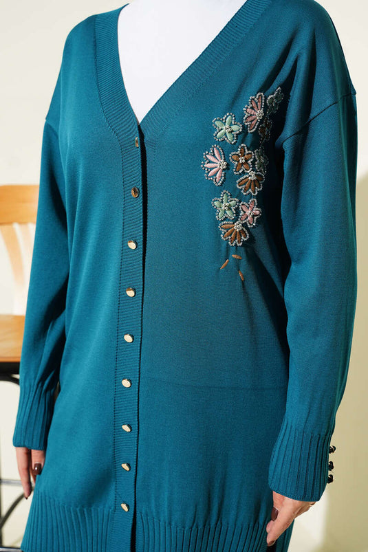 Flower Embroidered Buttoned Mercerized Cardigan in Petrol