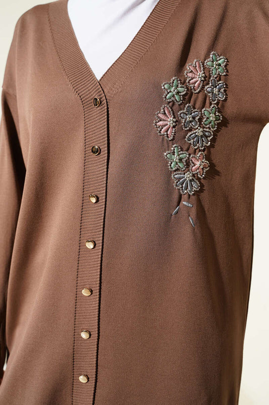 كارديغان مرسيريز بأزرار وتطريز زهور بلون فيزون