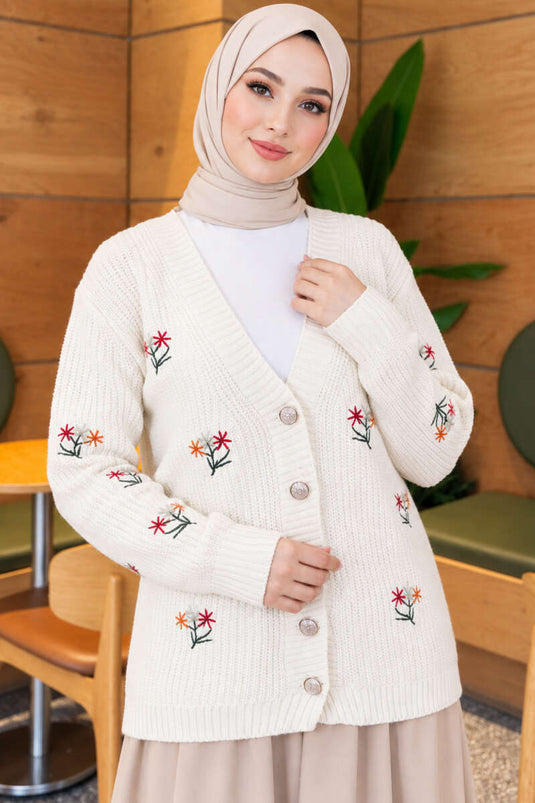 Chaqueta De Punto Beige Con Bordados Florales Y Botones