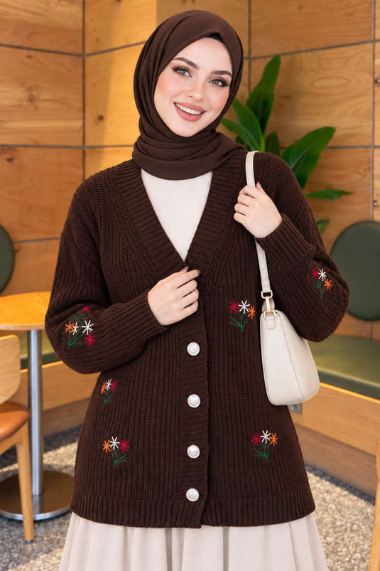 Brown Floral Embroidered Buttoned Knit Cardigan