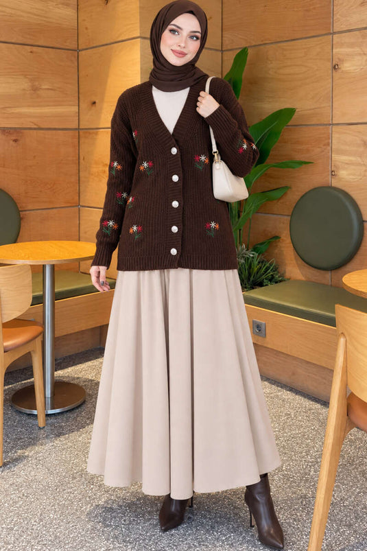 Brown Floral Embroidered Buttoned Knit Cardigan