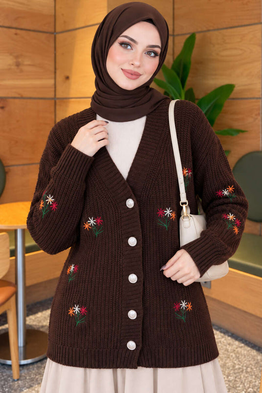 Brown Floral Embroidered Buttoned Knit Cardigan
