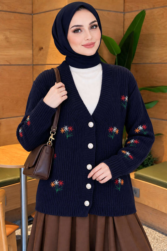 Chaqueta De Punto Con Bordado Floral Y Botones Azul Marino