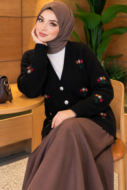 Schwarzer Gestrickter Cardigan Mit Blumenstickerei Und Knöpfen