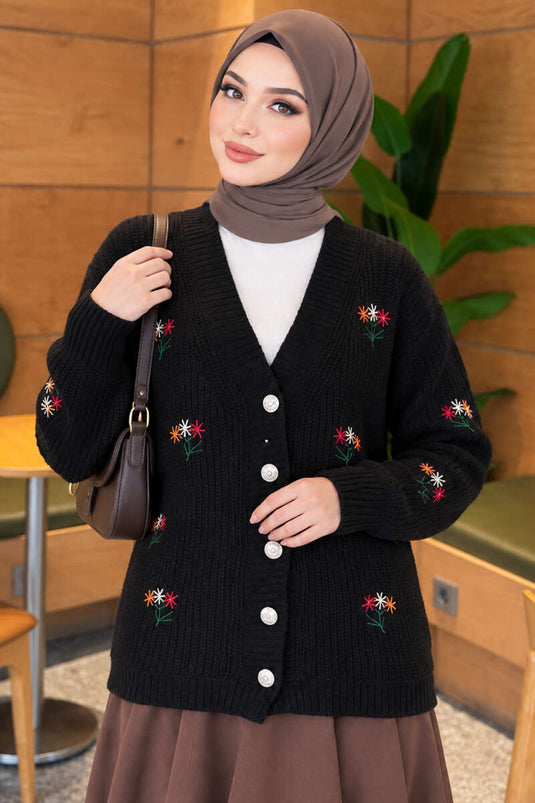 Schwarzer Gestrickter Cardigan Mit Blumenstickerei Und Knöpfen