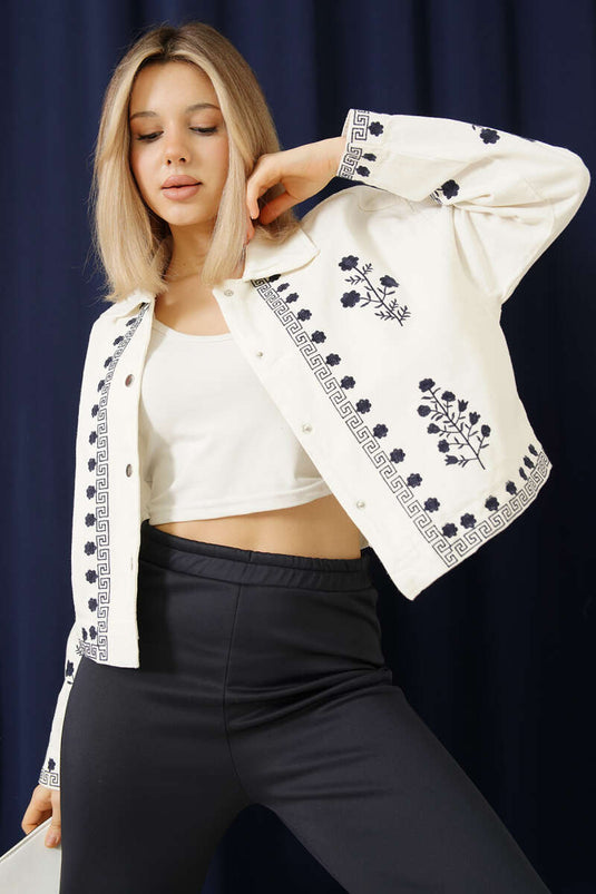 White Short Gabardine Jacket with Floral Embroidery