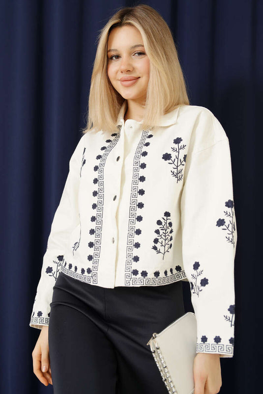 White Short Gabardine Jacket with Floral Embroidery