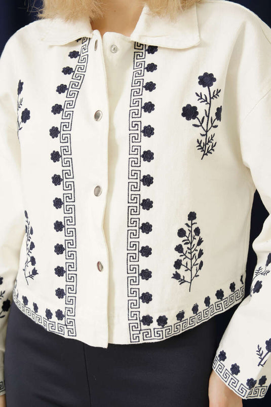 White Short Gabardine Jacket with Floral Embroidery