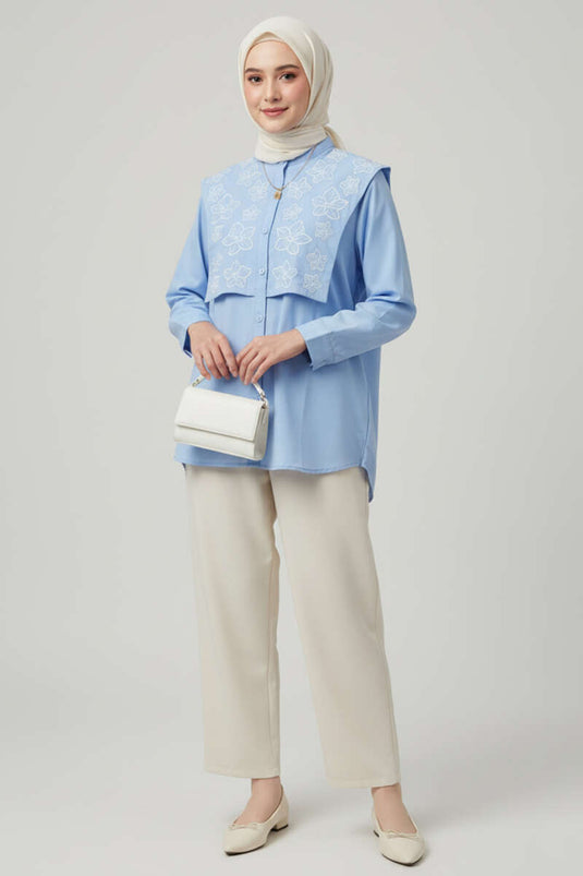 Camicia con Colletto alla Coreana e Ricamo Floreale Azzurro Bebè