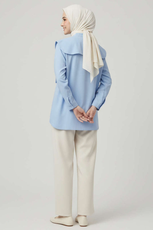 Camicia con Colletto alla Coreana e Ricamo Floreale Azzurro Bebè