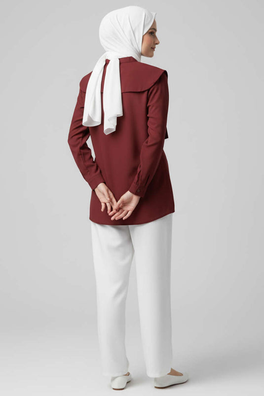 Chemise col officier brodée de fleurs bordeaux