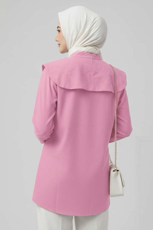 Bluse mit Stehkragen und Blumenstickerei, Rosa