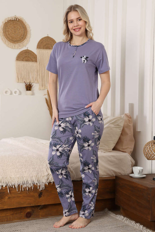 Conjunto de pijama de manga corta con bordado de flores lila