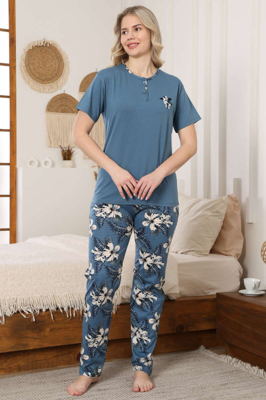 Conjunto de pijama de manga corta con bordado de flores color petróleo