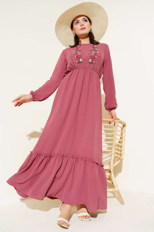 فستان داستي روز بأكمام مرنة مطرز بالزهور