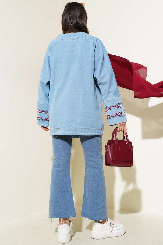 كيمونو جينز أزرق مطرز بالورود