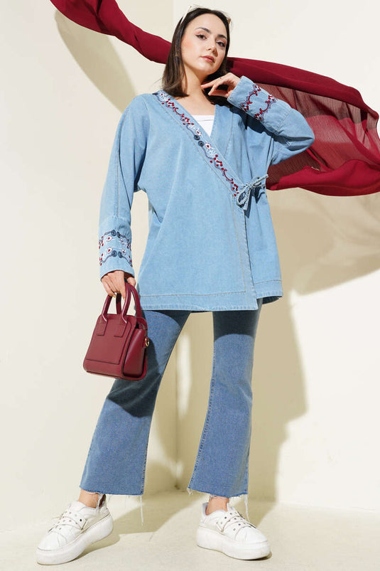 كيمونو جينز أزرق مطرز بالورود