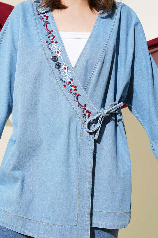 كيمونو جينز أزرق مطرز بالورود