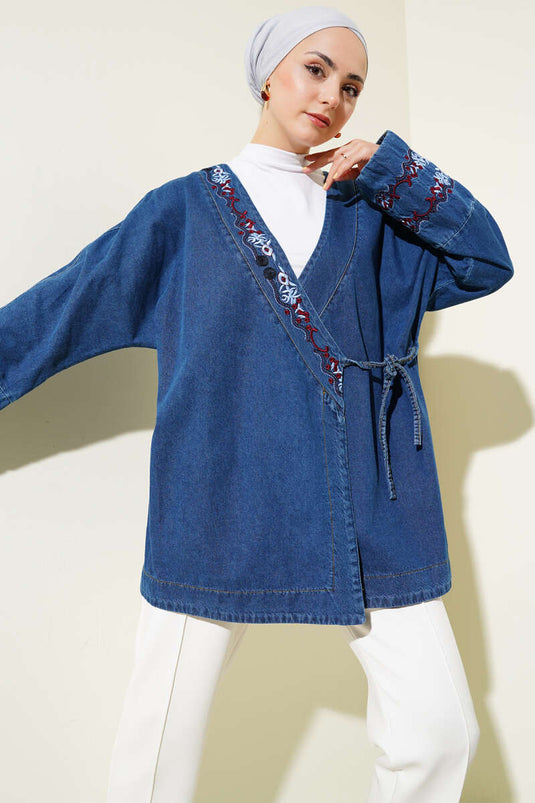 Kimono in denim ricamato floreale blu
