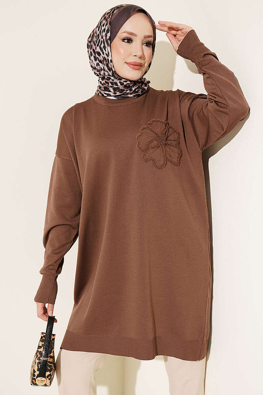 Tunique Mercerisée Brodée À Fleurs En Marron