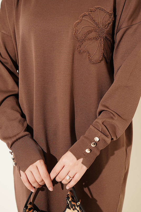 Tunique Mercerisée Brodée À Fleurs En Marron