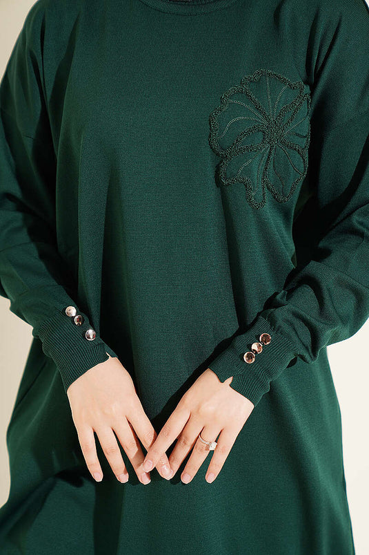 Tunique Mercerisée À Fleurs Et Broderies Marine