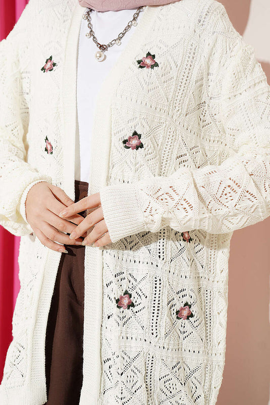Ivory Knit Cardigan with Floral Embroidery