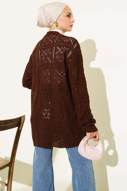 Cardigan lavorato a maglia con ricamo floreale, colore caffè