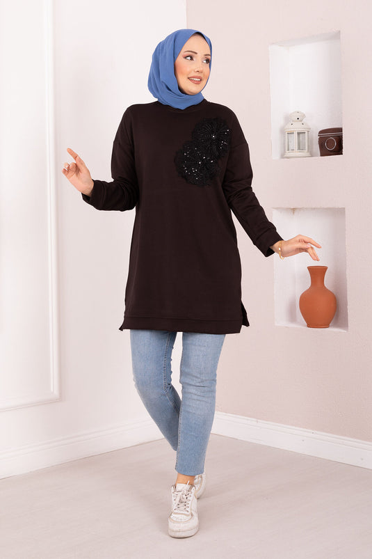 Tunique hijab Oysho marron brodée de fleurs