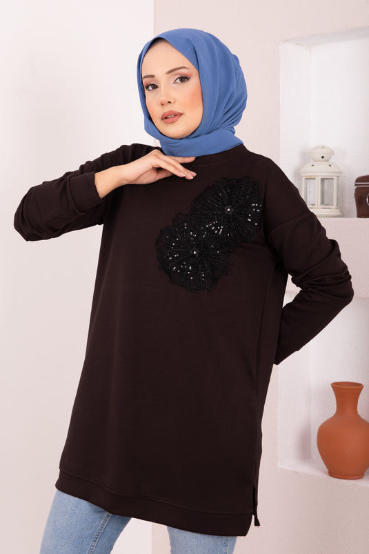 Tunique hijab Oysho marron brodée de fleurs