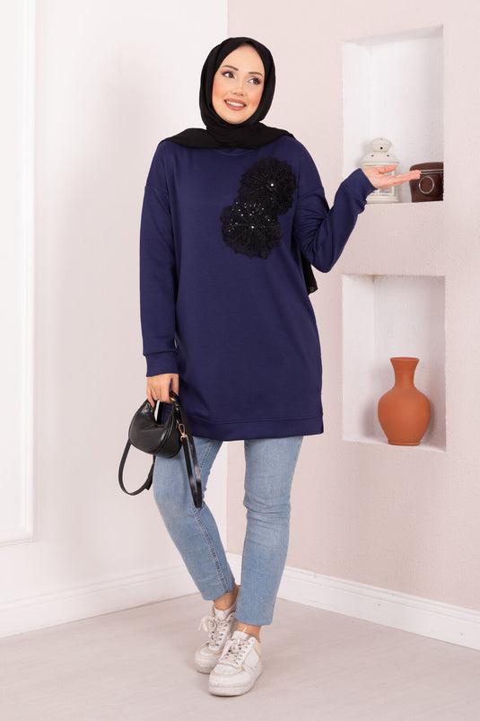 تونيك حجاب أويشو مطرز بالزهور باللون الأزرق الداكن
