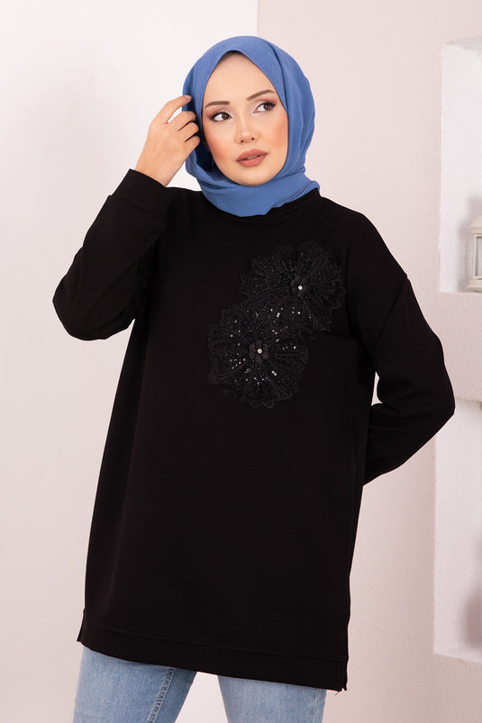 Tunique hijab Oysho noire brodée de fleurs