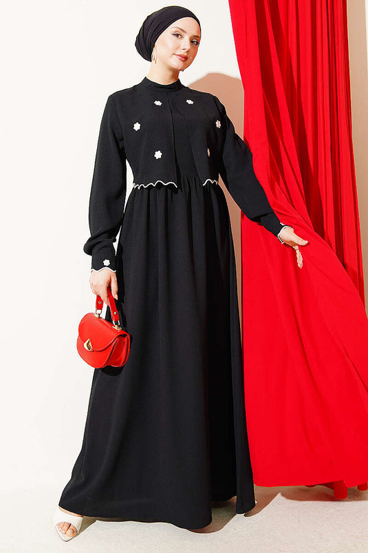 Kleid mit Blumenstickerei und Cape, Schwarz