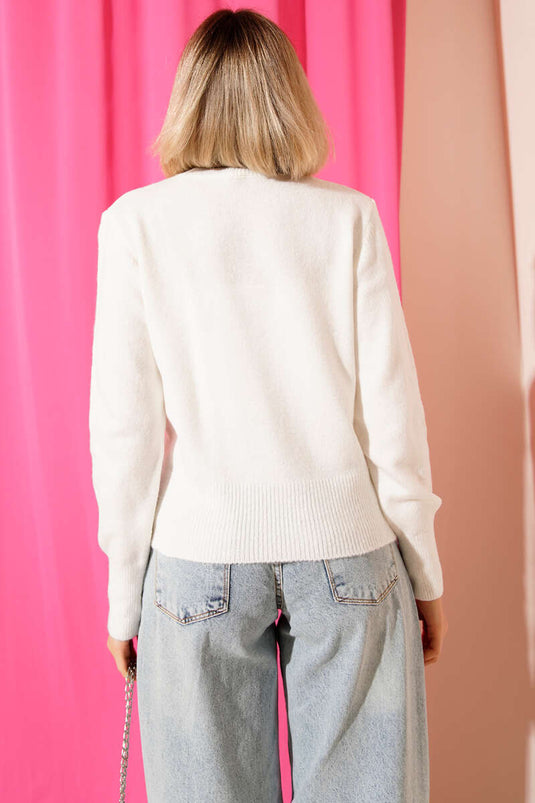 Maglione lavorato a maglia con ricami floreali, ecrù