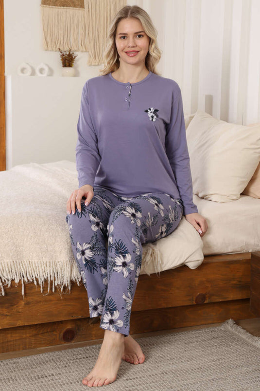 Conjunto de pijama de manga larga con bordado de flores lila