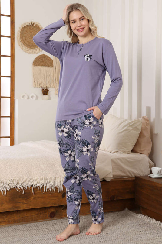 Conjunto de pijama de manga larga con bordado de flores lila