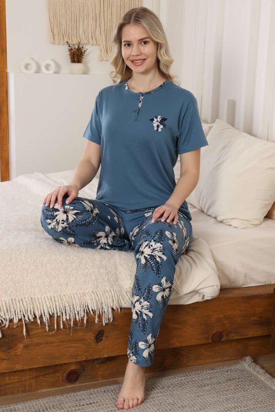 Conjunto de pijama de manga larga con bordado de flores color petróleo