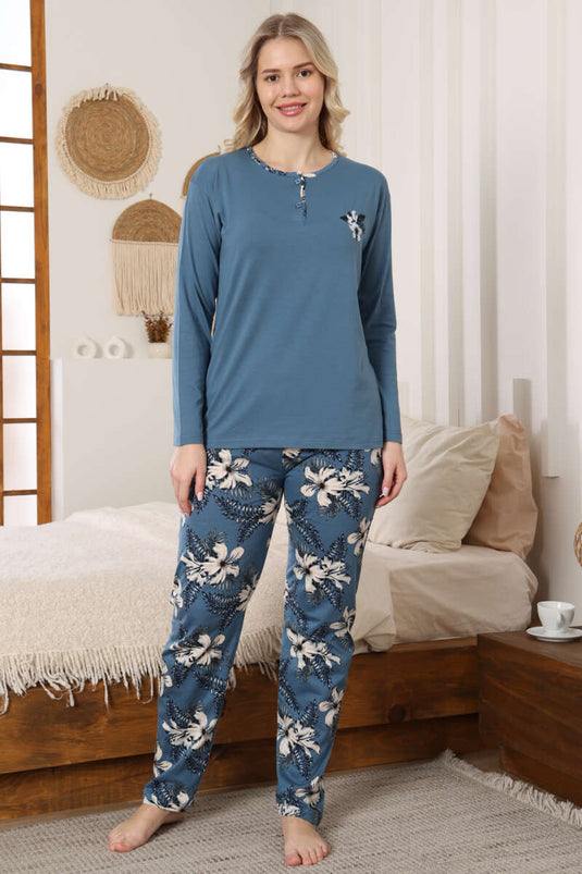 Conjunto de pijama de manga larga con bordado de flores color petróleo