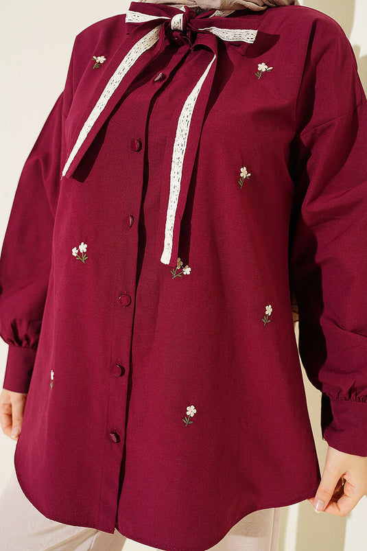 Çiçek Nakışlı Yakası Bağlamalı Gömlek Bordo
