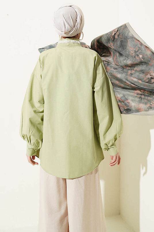 Chemise à col noué avec broderie florale, vert pistache