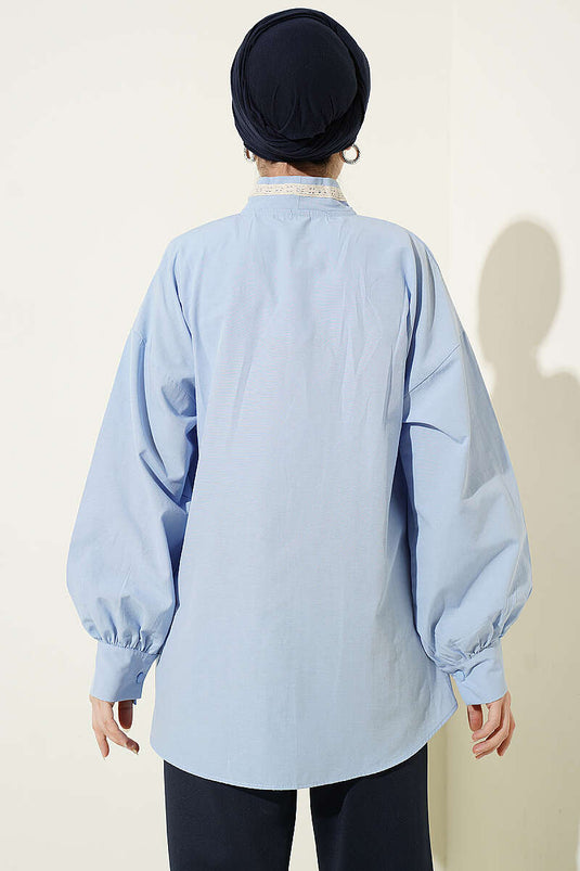 Blue Shirt with Floral Embroidery and Tie Collar