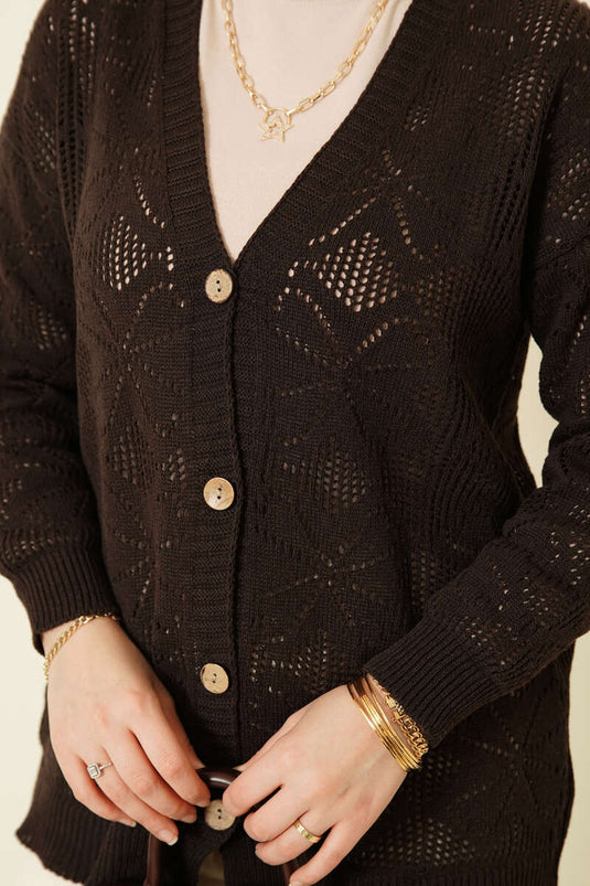 Çiçek Örgülü Düğmeli Triko Hırka Acı Kahve