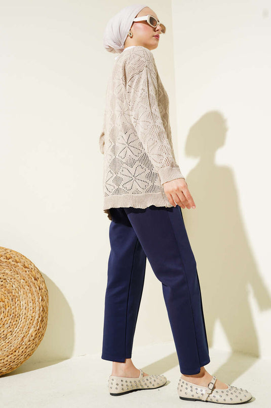 Flower Braided Buttoned Knitted Cardigan Beige