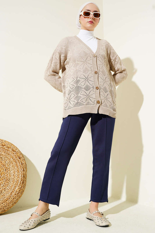 Flower Braided Buttoned Knitted Cardigan Beige