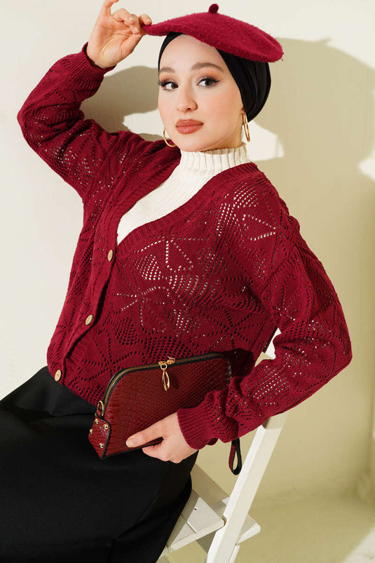 Çiçek Örgülü Düğmeli Triko Hırka Bordo